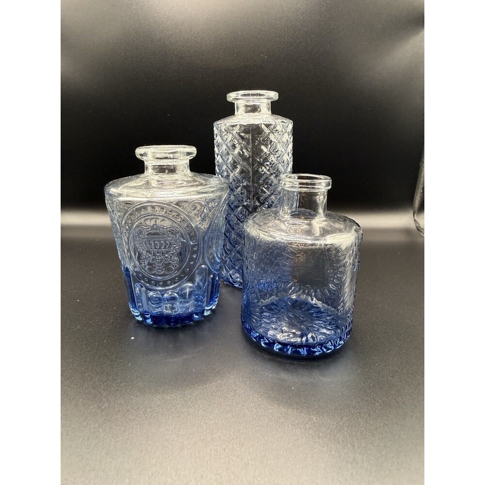 Lot Of 3 Vintage Style Blue Glass Bud Vases Bottles Shabby Chic Cottagecore